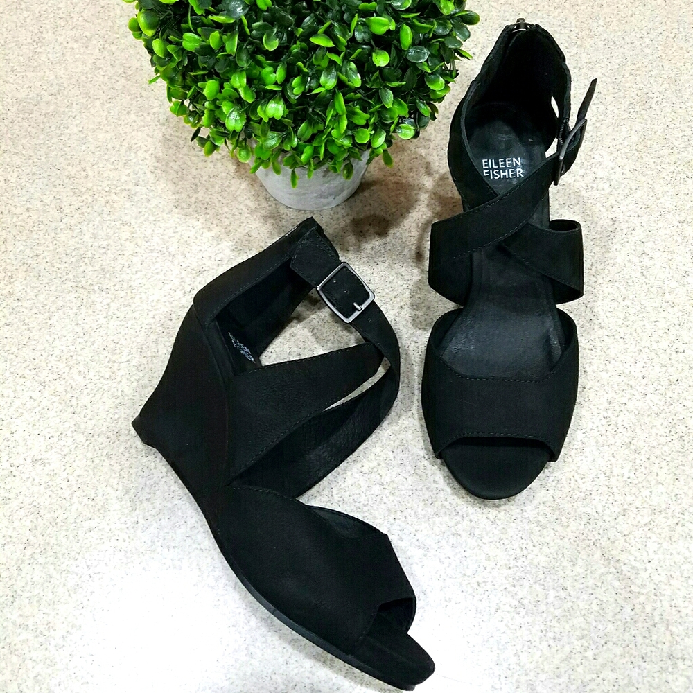 EILEEN FISHER Black Suede Leather Wedges Sandals 7